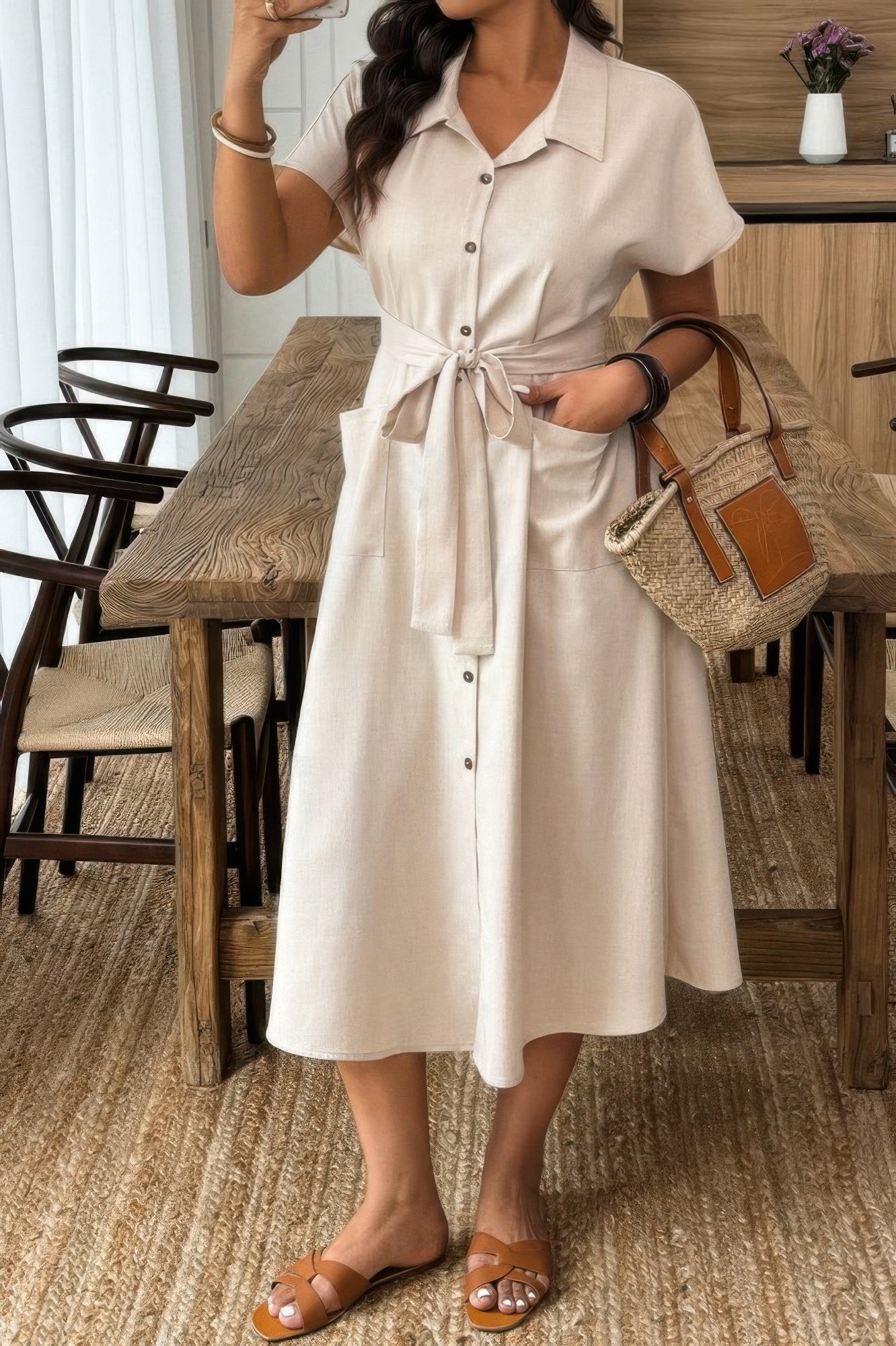 Plus Solid Button Down Straight Belted Shirt Dress - Goddess Vibes