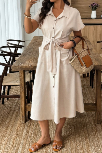 Plus Solid Button Down Straight Belted Shirt Dress - Goddess Vibes