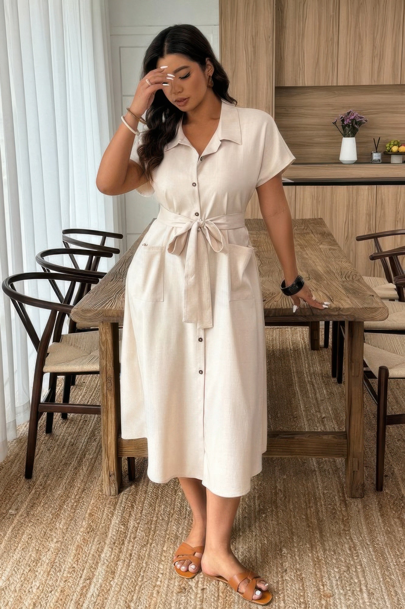 Plus Solid Button Down Straight Belted Shirt Dress - Goddess Vibes