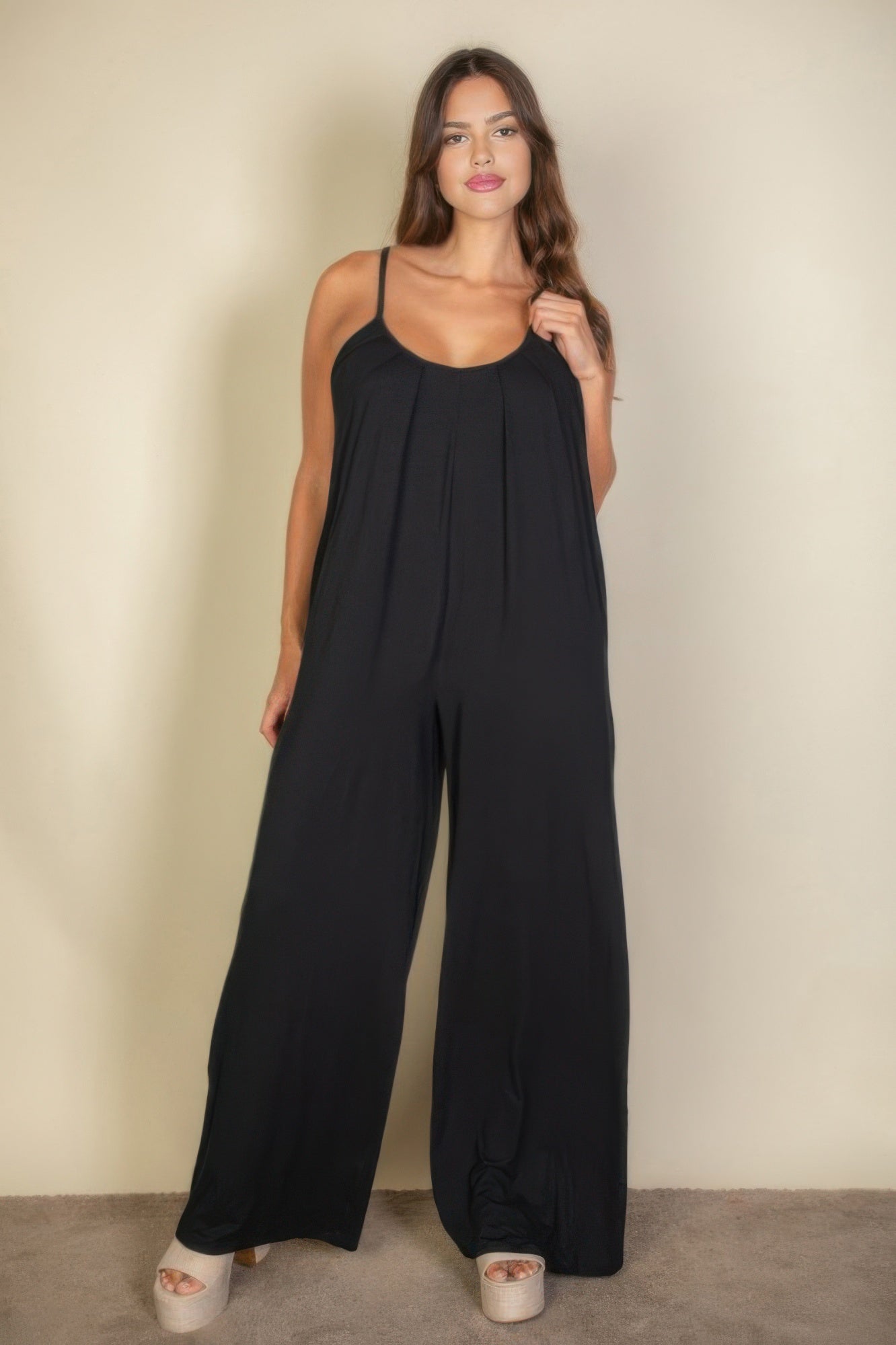 Plus Spaghetti Strap Solid Wide Jumpsuit - Goddess Vibes