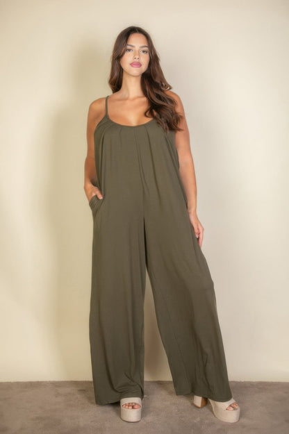 Plus Spaghetti Strap Solid Wide Jumpsuit - Goddess Vibes