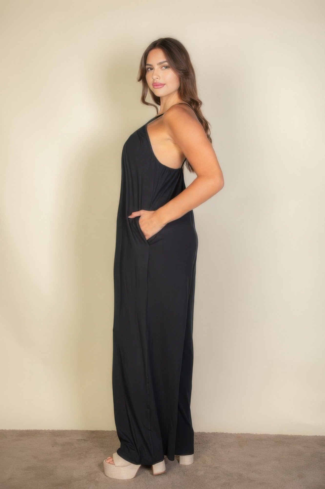 Plus Spaghetti Strap Solid Wide Jumpsuit - Goddess Vibes