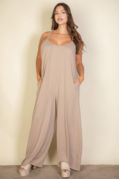 Plus Spaghetti Strap Solid Wide Jumpsuit - Goddess Vibes