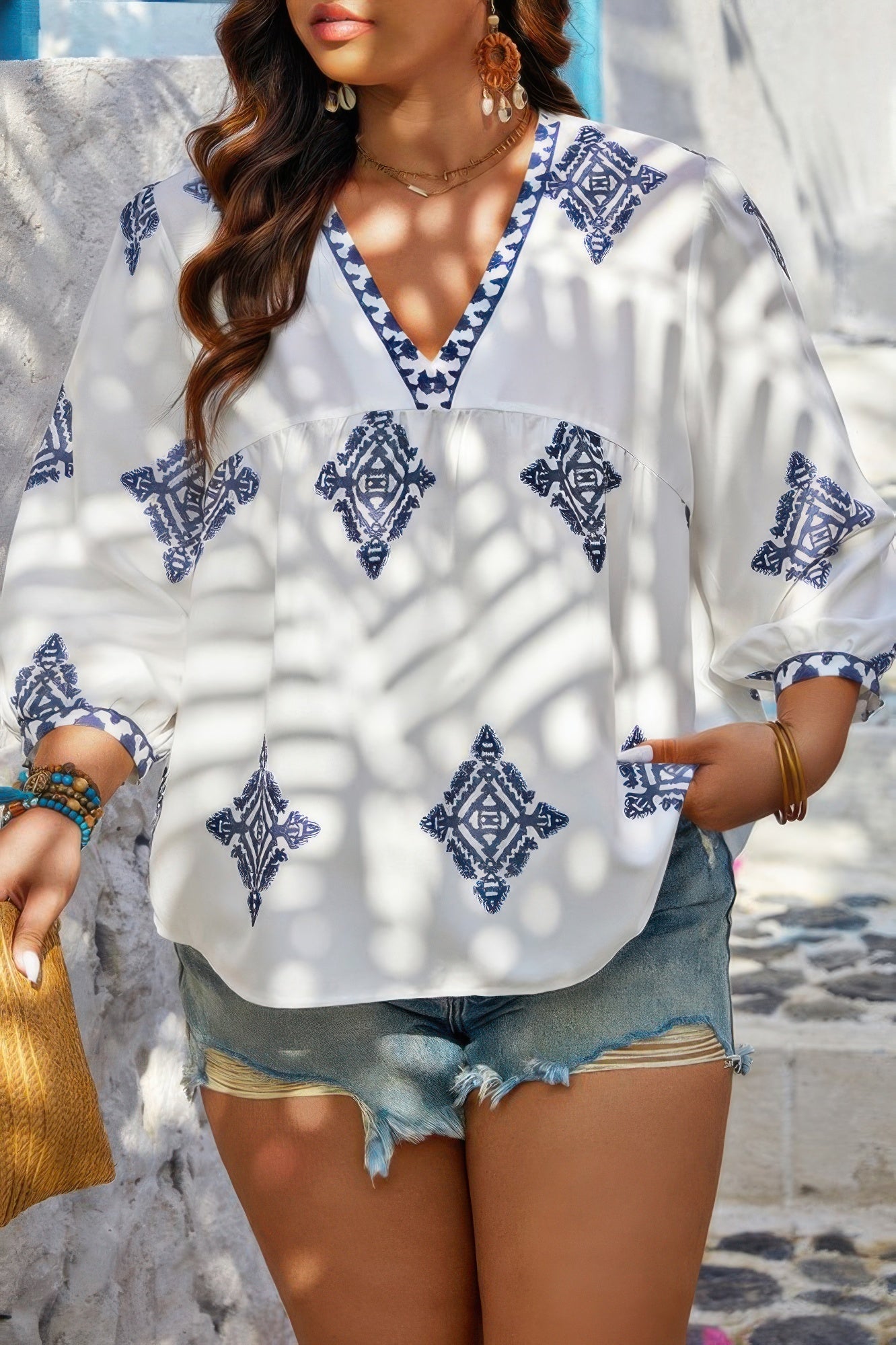 Plus V Neck Geometric Printed Embroidered Peplum Shirt - Goddess Vibes