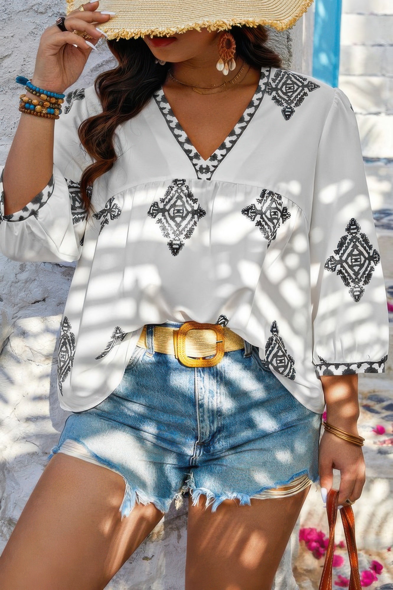Plus V Neck Geometric Printed Embroidered Peplum Shirt - Goddess Vibes