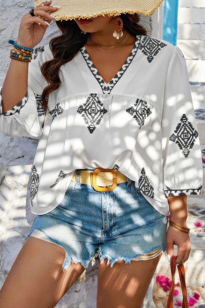 Plus V Neck Geometric Printed Embroidered Peplum Shirt - Goddess Vibes