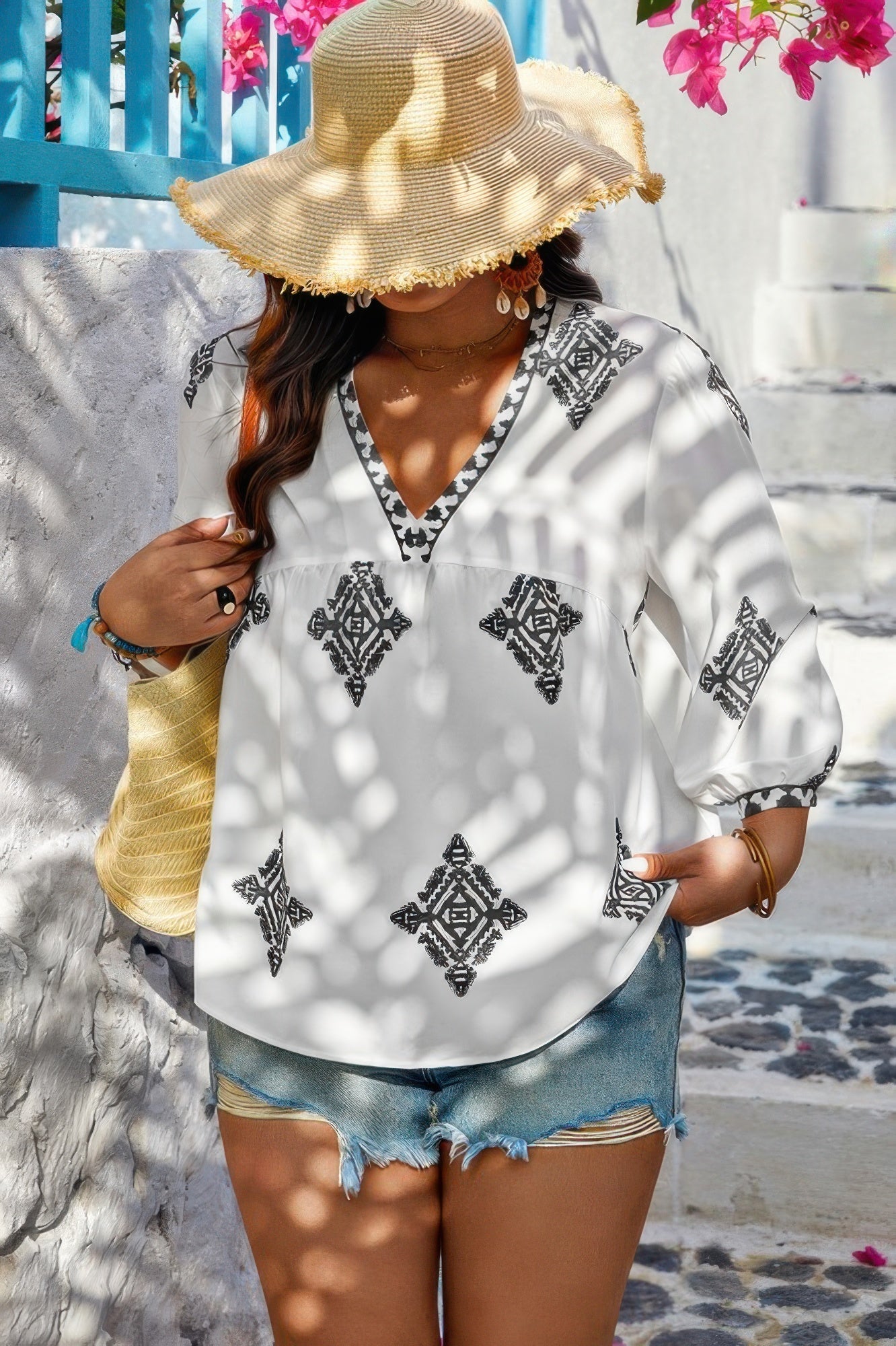 Plus V Neck Geometric Printed Embroidered Peplum Shirt - Goddess Vibes