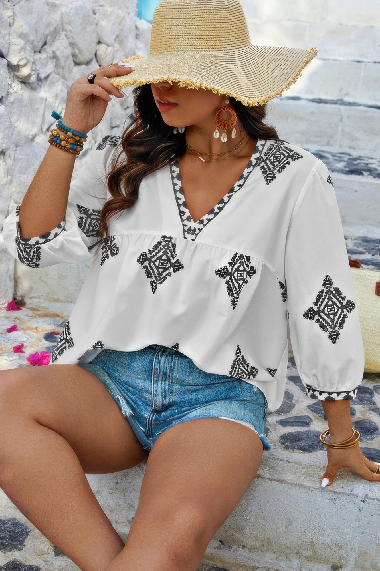 Plus V Neck Geometric Printed Embroidered Peplum Shirt - Goddess Vibes