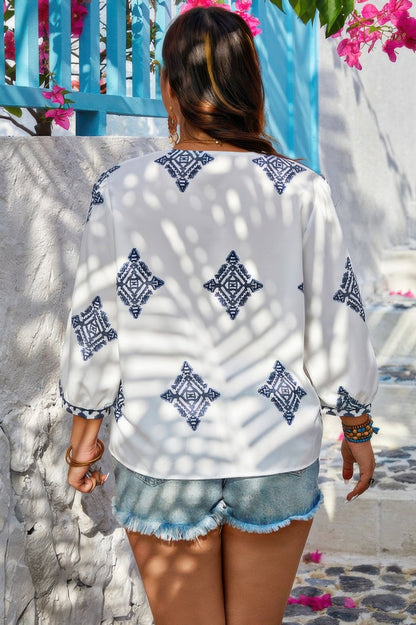 Plus V Neck Geometric Printed Embroidered Peplum Shirt - Goddess Vibes