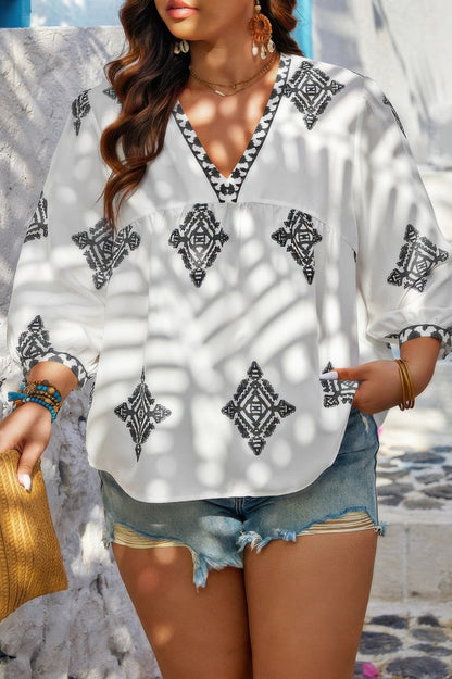 Plus V Neck Geometric Printed Embroidered Peplum Shirt - Goddess Vibes