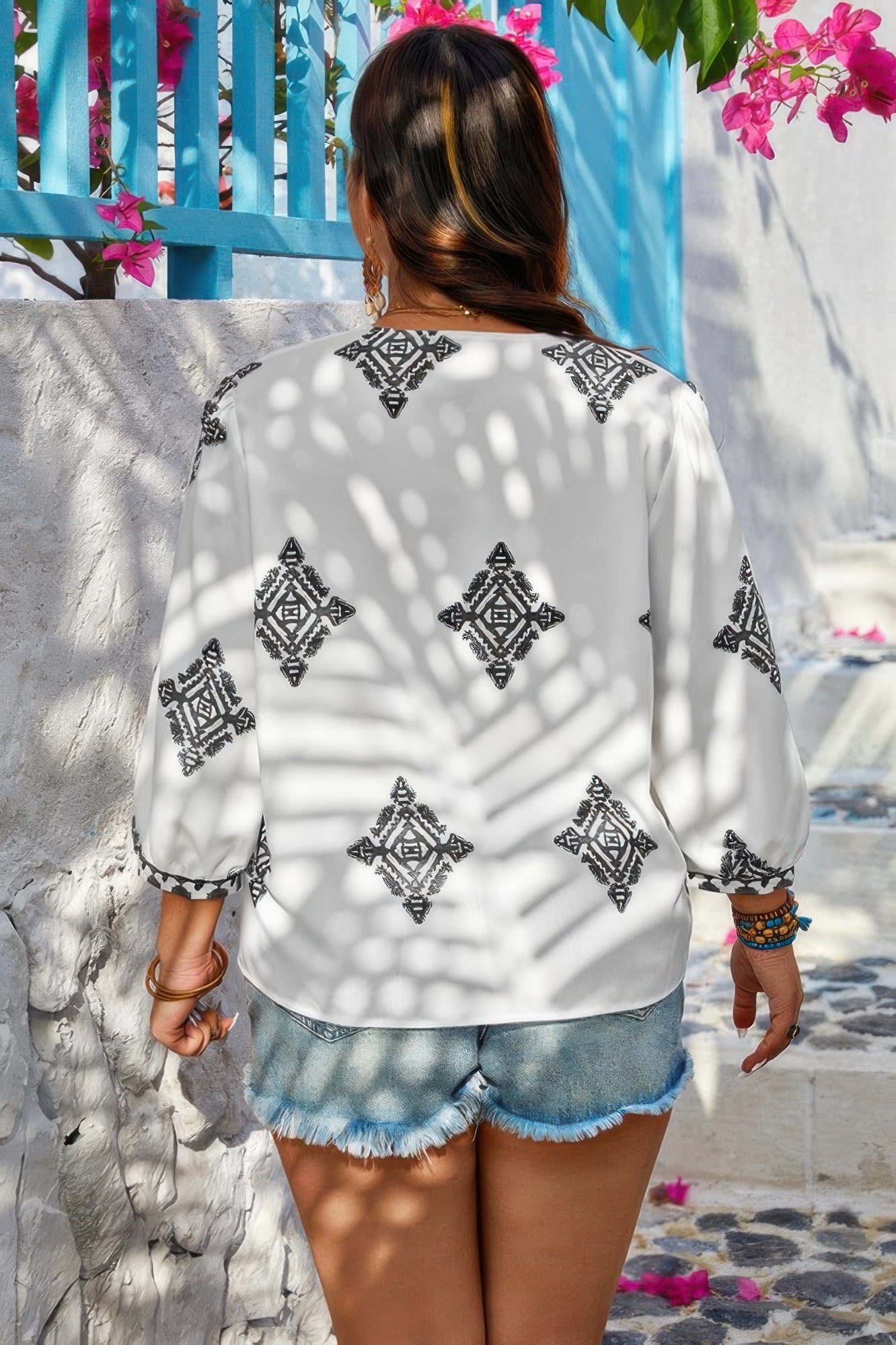 Plus V Neck Geometric Printed Embroidered Peplum Shirt - Goddess Vibes