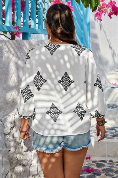 Plus V Neck Geometric Printed Embroidered Peplum Shirt - Goddess Vibes