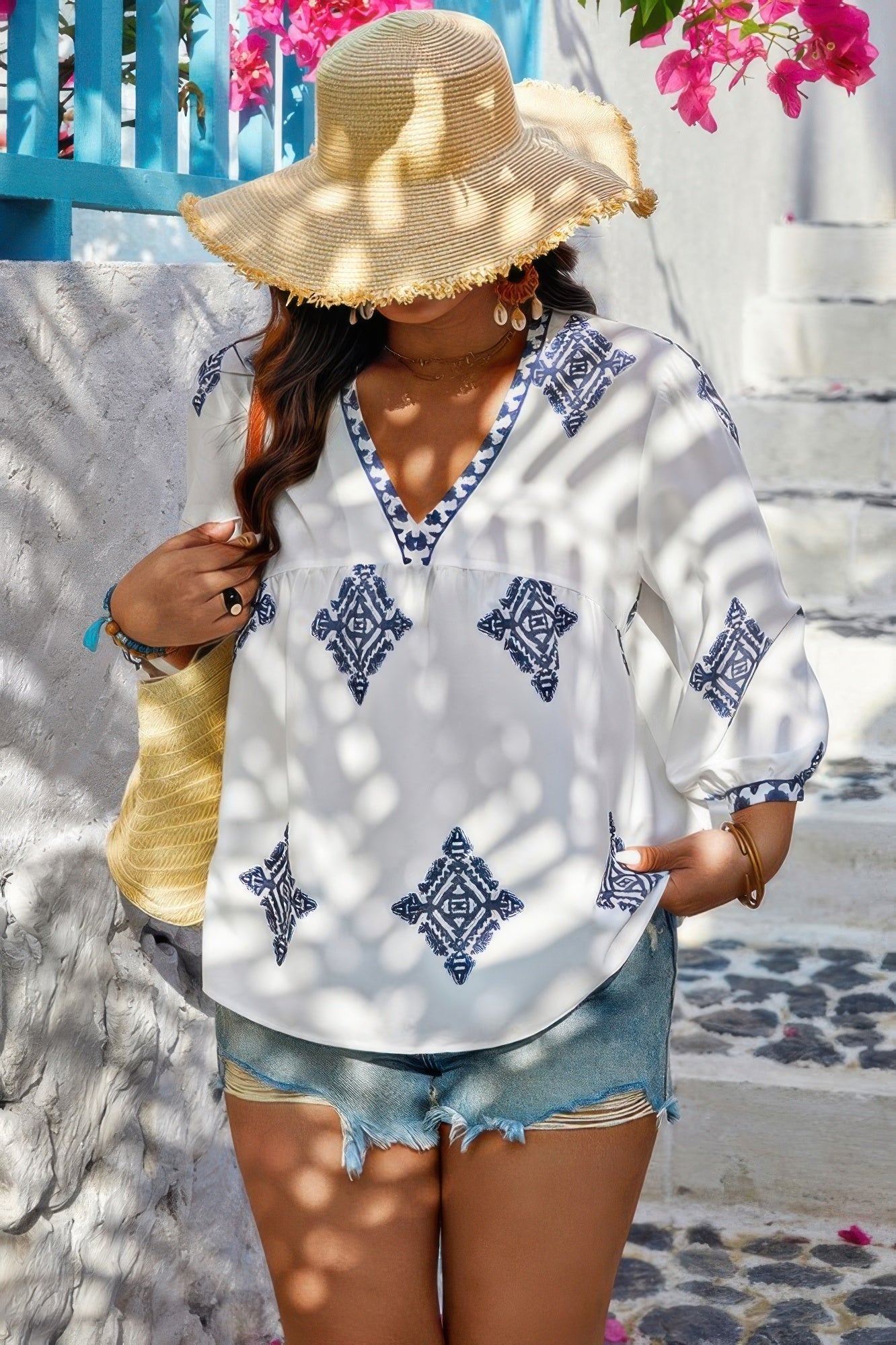 Plus V Neck Geometric Printed Embroidered Peplum Shirt - Goddess Vibes