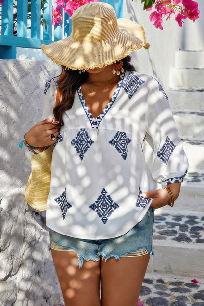 Plus V Neck Geometric Printed Embroidered Peplum Shirt - Goddess Vibes