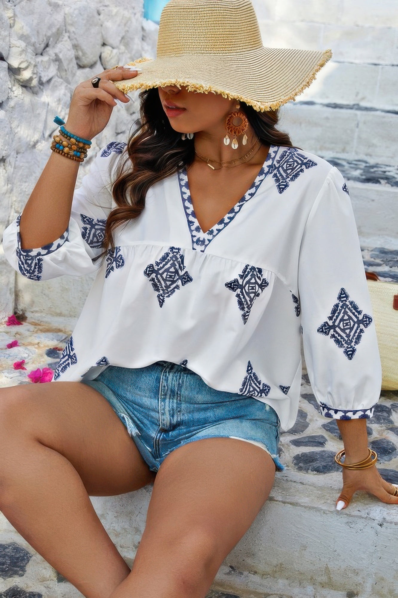 Plus V Neck Geometric Printed Embroidered Peplum Shirt - Goddess Vibes