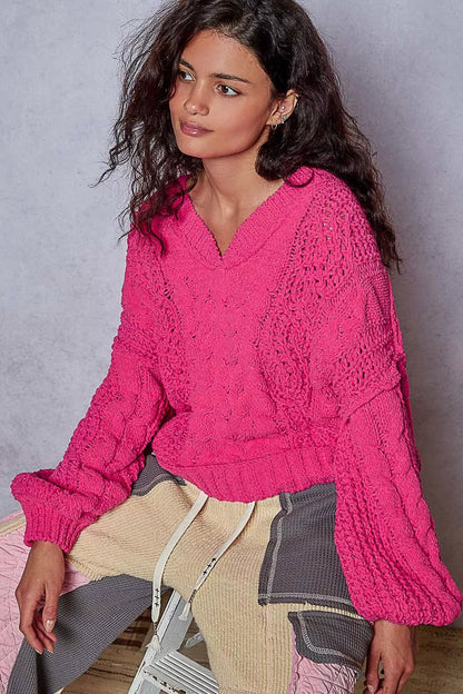 POL Cable - Knit Solid V - Neck Cropped Sweater - Goddess Vibes