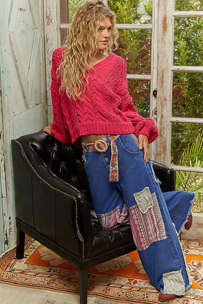 POL Cable - Knit Solid V - Neck Cropped Sweater - Goddess Vibes