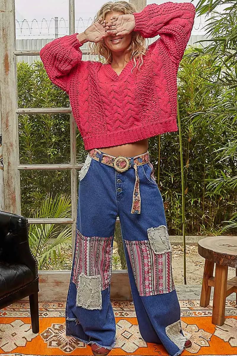 POL Cable - Knit Solid V - Neck Cropped Sweater - Goddess Vibes