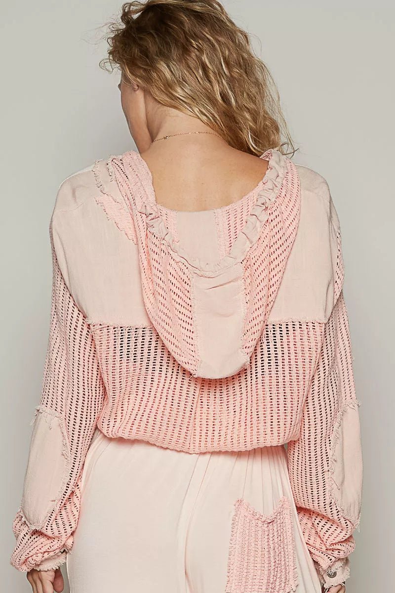 POL Texture Woven Button Down Hooded Shirt with Drawstring Hem - Goddess Vibes