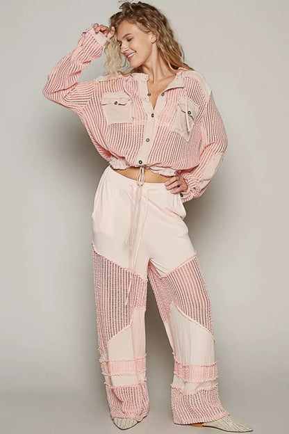 POL Texture Woven Button Down Hooded Shirt with Drawstring Hem - Goddess Vibes