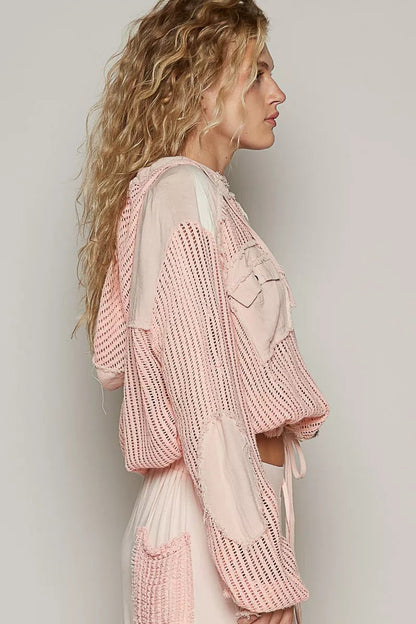 POL Texture Woven Button Down Hooded Shirt with Drawstring Hem - Goddess Vibes