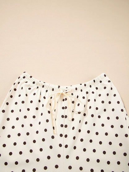 Polka Dot Notched Long Sleeve Top and Drawstring Joggers Lounge Set - Goddess Vibes