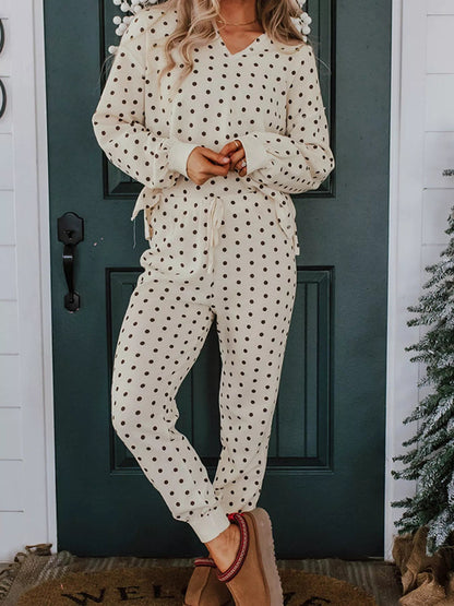 Polka Dot Notched Long Sleeve Top and Drawstring Joggers Lounge Set - Goddess Vibes
