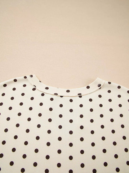 Polka Dot Notched Long Sleeve Top and Drawstring Joggers Lounge Set - Goddess Vibes