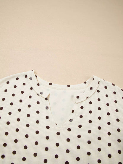 Polka Dot Notched Long Sleeve Top and Drawstring Joggers Lounge Set - Goddess Vibes