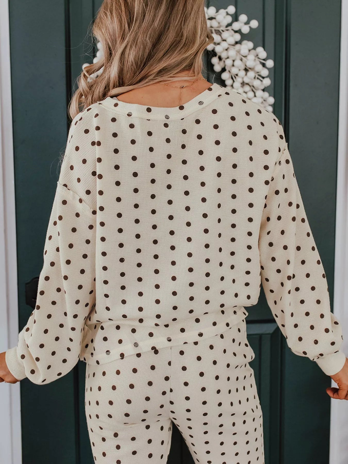Polka Dot Notched Long Sleeve Top and Drawstring Joggers Lounge Set - Goddess Vibes