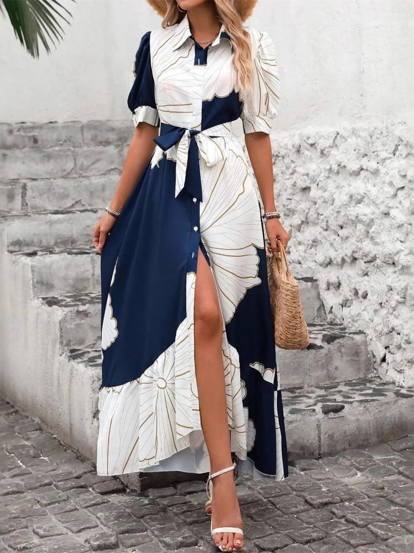 Printed Button Down Half Sleeve Maxi Shirt Dress - Goddess Vibes