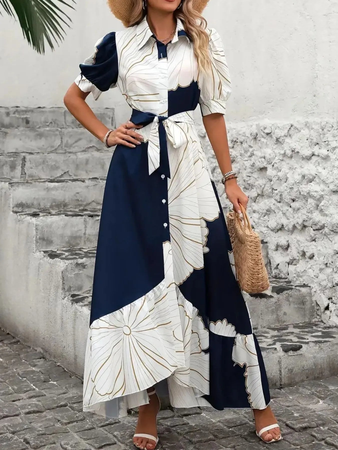 Printed Button Down Half Sleeve Maxi Shirt Dress - Goddess Vibes