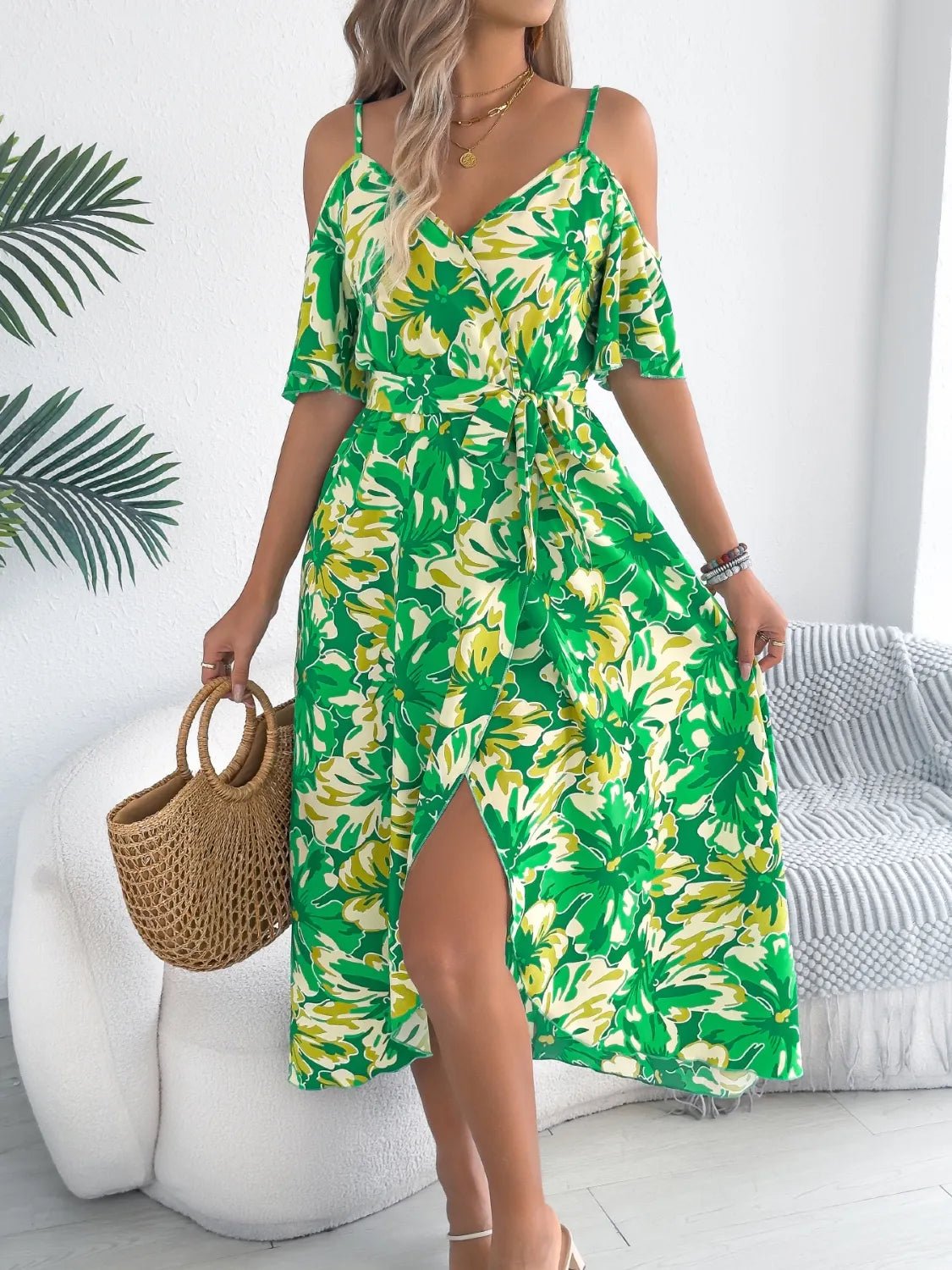 Printed Cold Shoulder Midi Cami Dress - Goddess Vibes