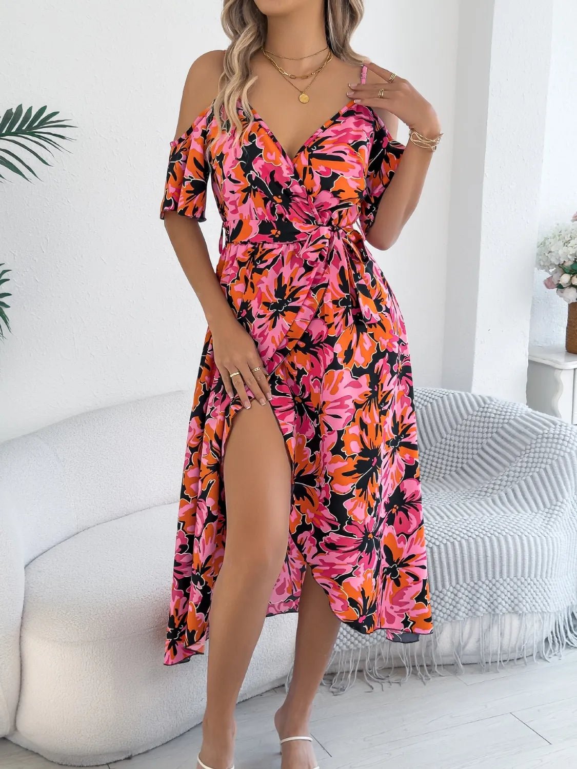 Printed Cold Shoulder Midi Cami Dress - Goddess Vibes