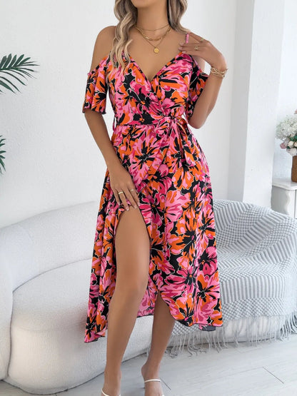 Printed Cold Shoulder Midi Cami Dress - Goddess Vibes