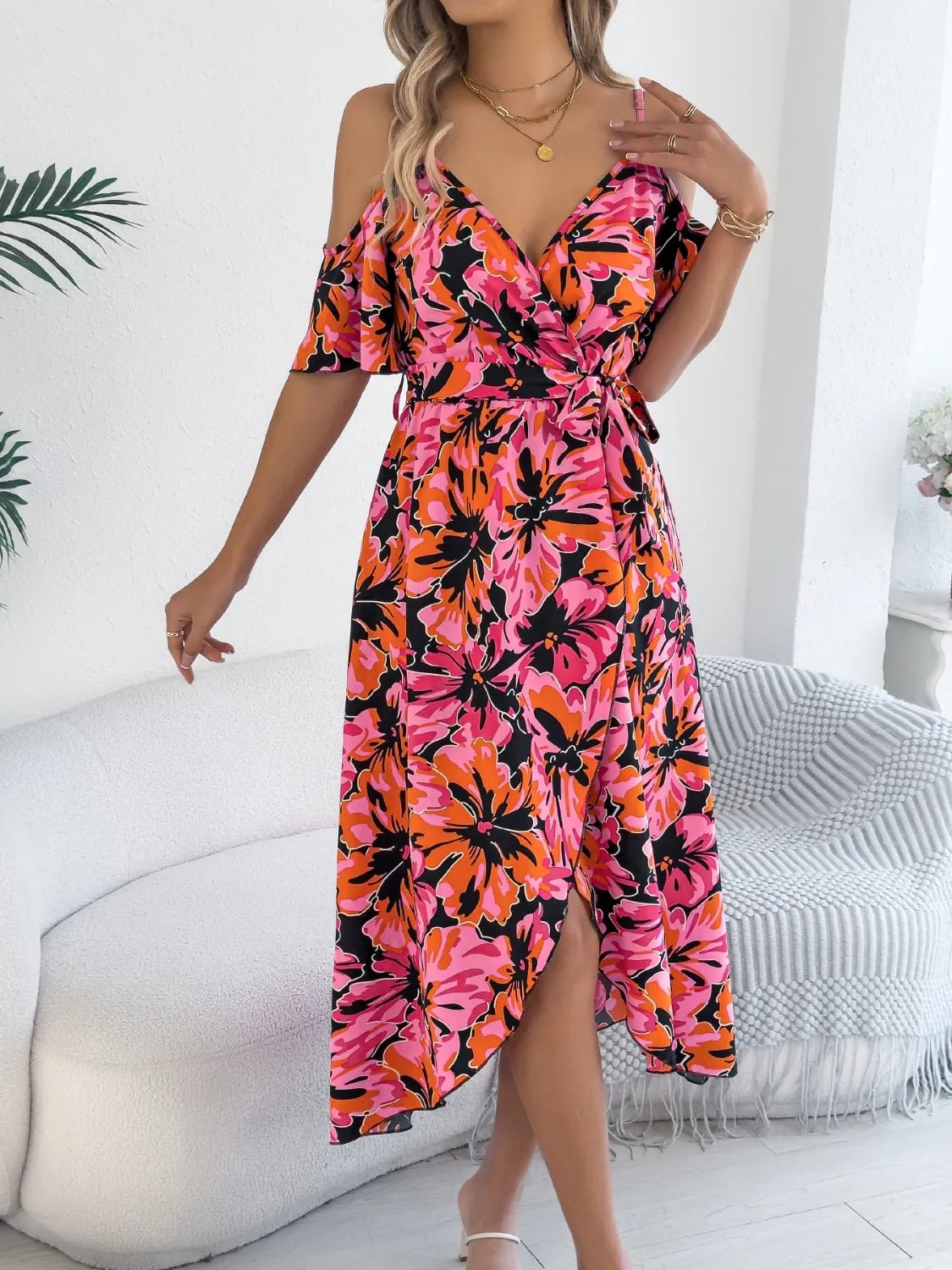Printed Cold Shoulder Midi Cami Dress - Goddess Vibes