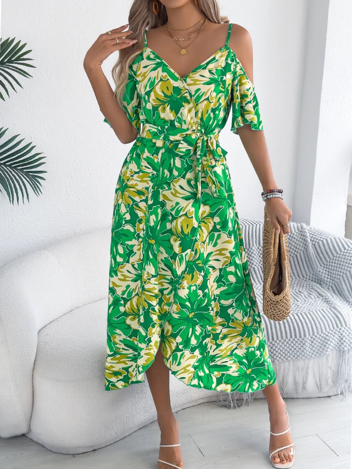 Printed Cold Shoulder Midi Cami Dress - Goddess Vibes