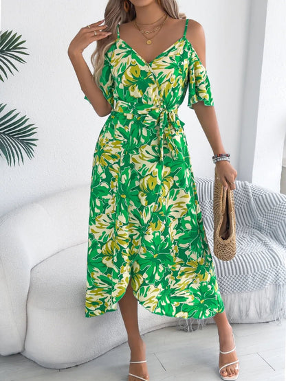 Printed Cold Shoulder Midi Cami Dress - Goddess Vibes