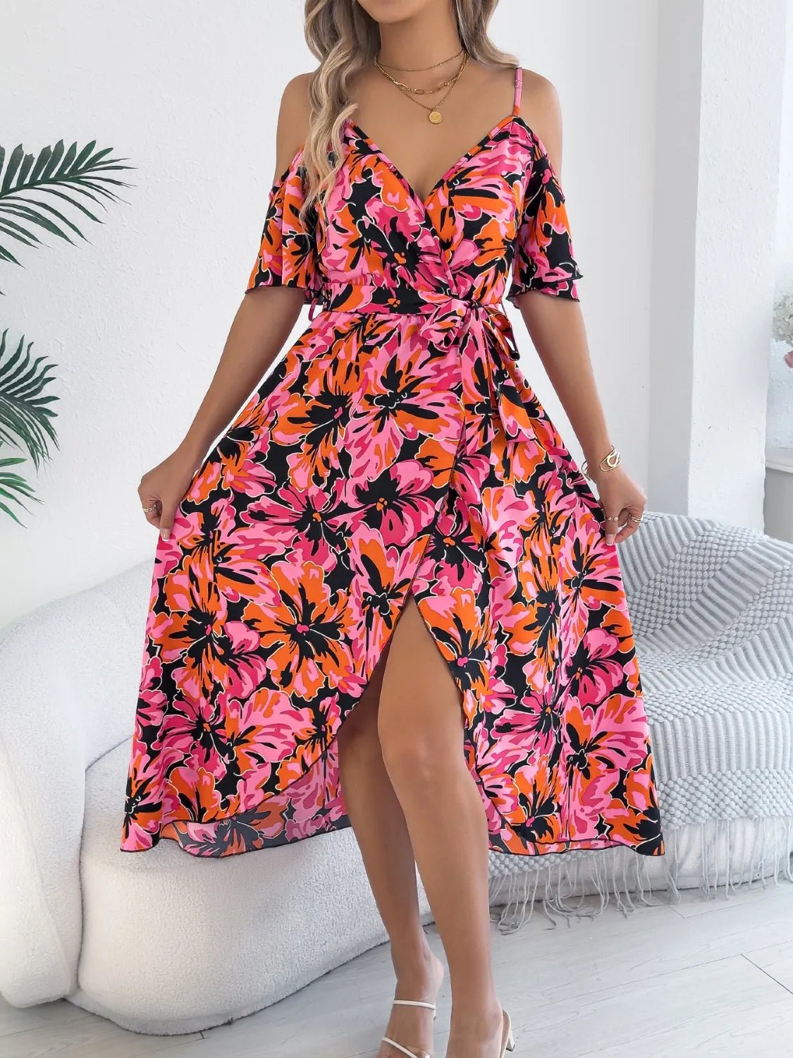 Printed Cold Shoulder Midi Cami Dress - Goddess Vibes