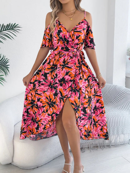 Printed Cold Shoulder Midi Cami Dress - Goddess Vibes