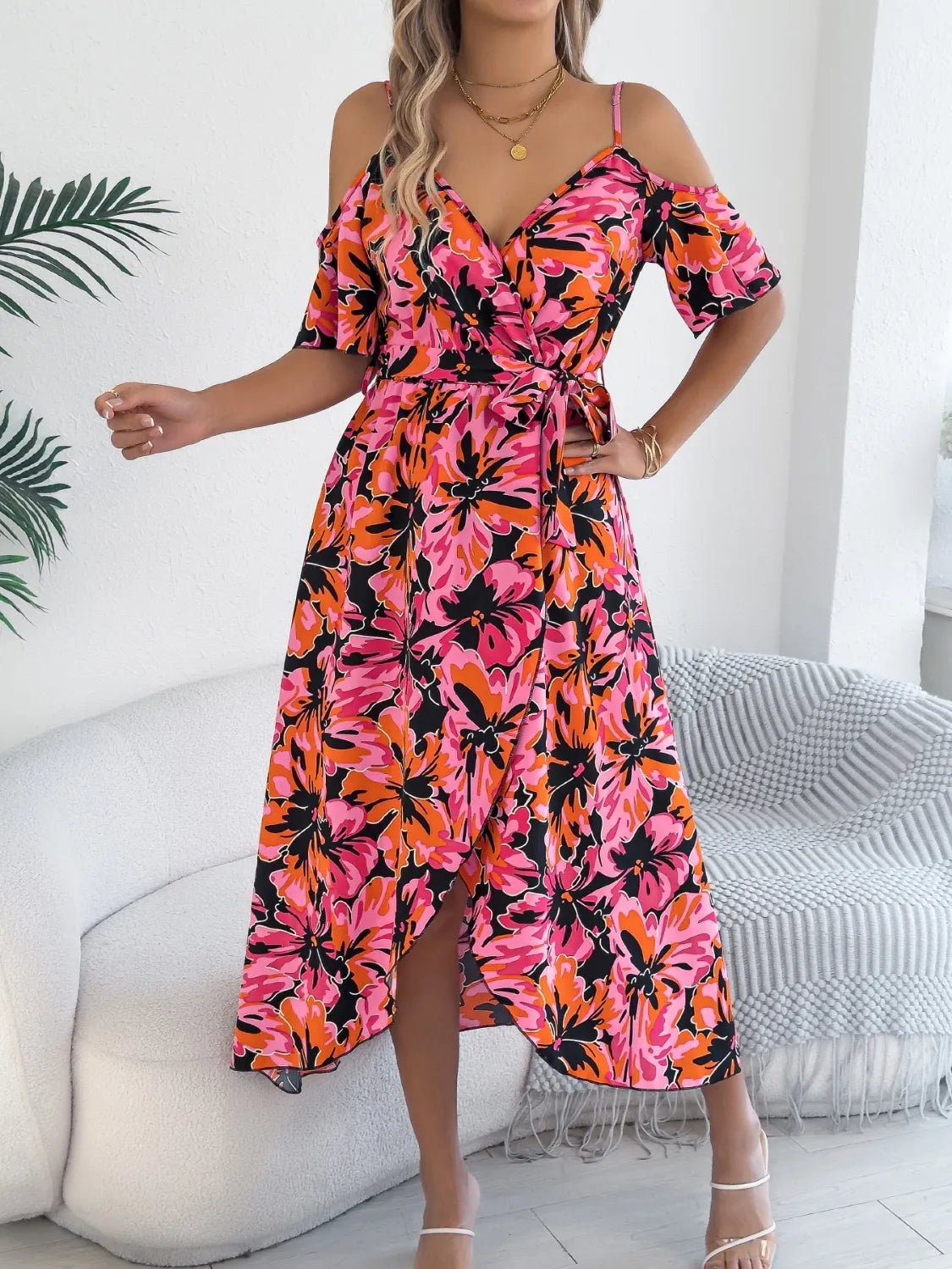 Printed Cold Shoulder Midi Cami Dress - Goddess Vibes