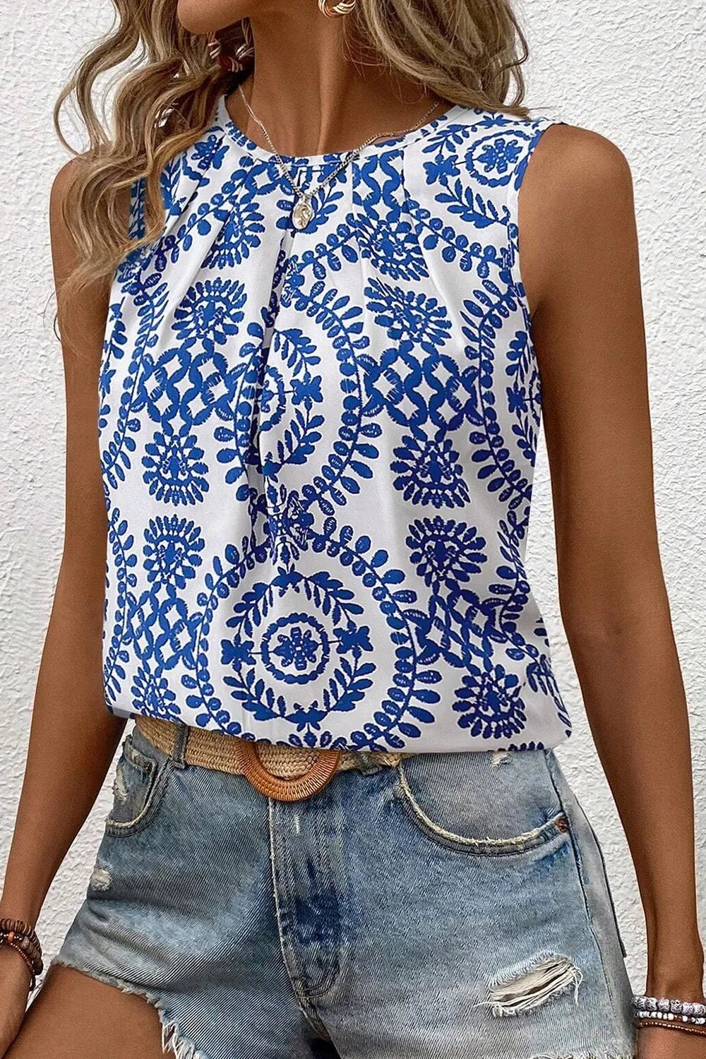 Printed Crew Neck Sleeveless Top - Goddess Vibes