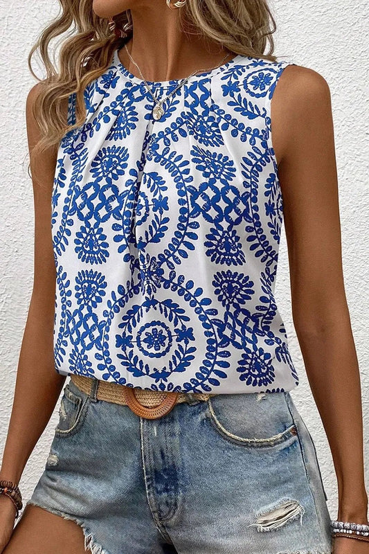 Printed Crew Neck Sleeveless Top - Goddess Vibes
