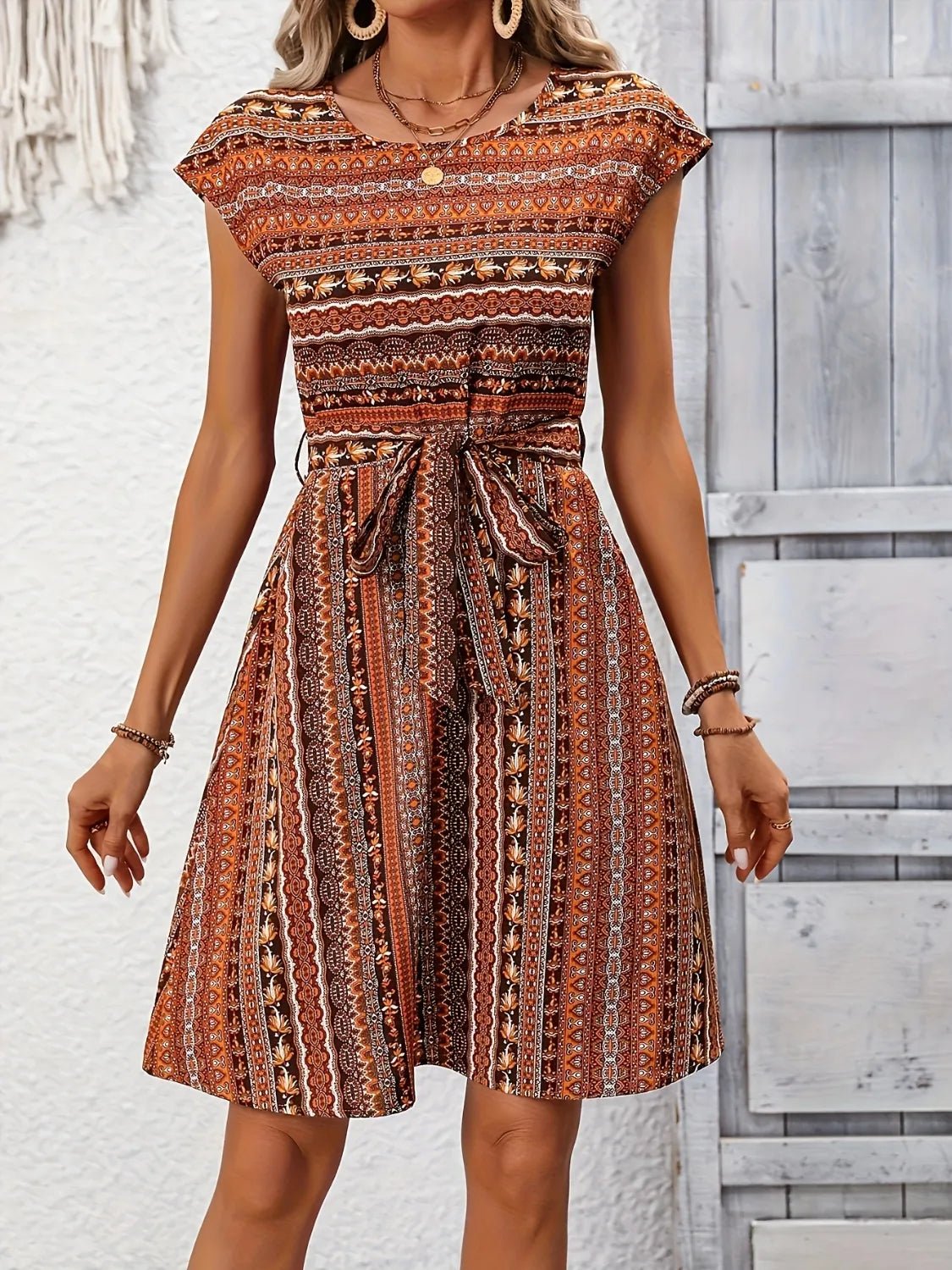 Printed Round Neck Cap Sleeve Dress - Goddess Vibes