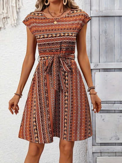 Printed Round Neck Cap Sleeve Dress - Goddess Vibes