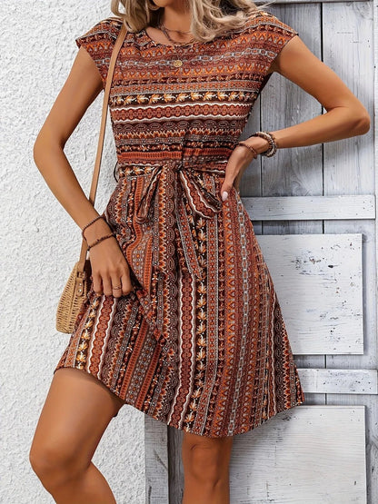 Printed Round Neck Cap Sleeve Dress - Goddess Vibes