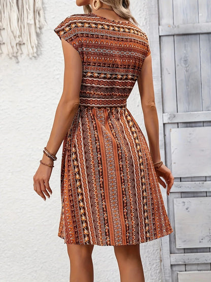 Printed Round Neck Cap Sleeve Dress - Goddess Vibes