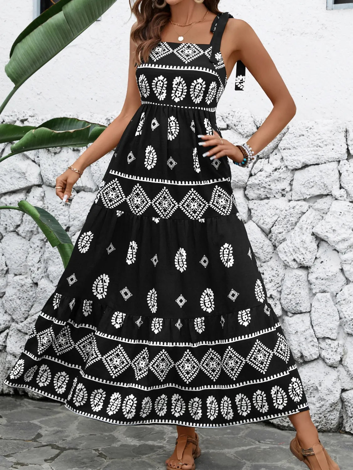Printed Square Neck Maxi Cami Dress - Crowned Energy CO.