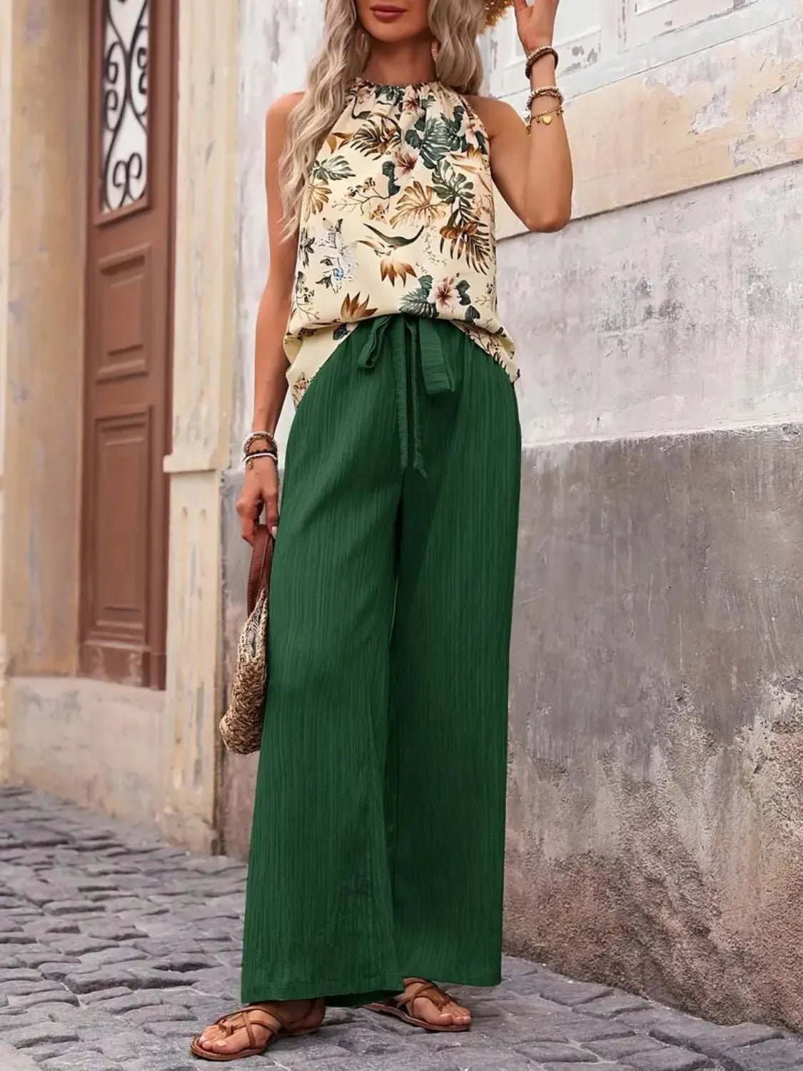 Printed Tank Top and Wide Leg Pants Set - Goddess Vibes