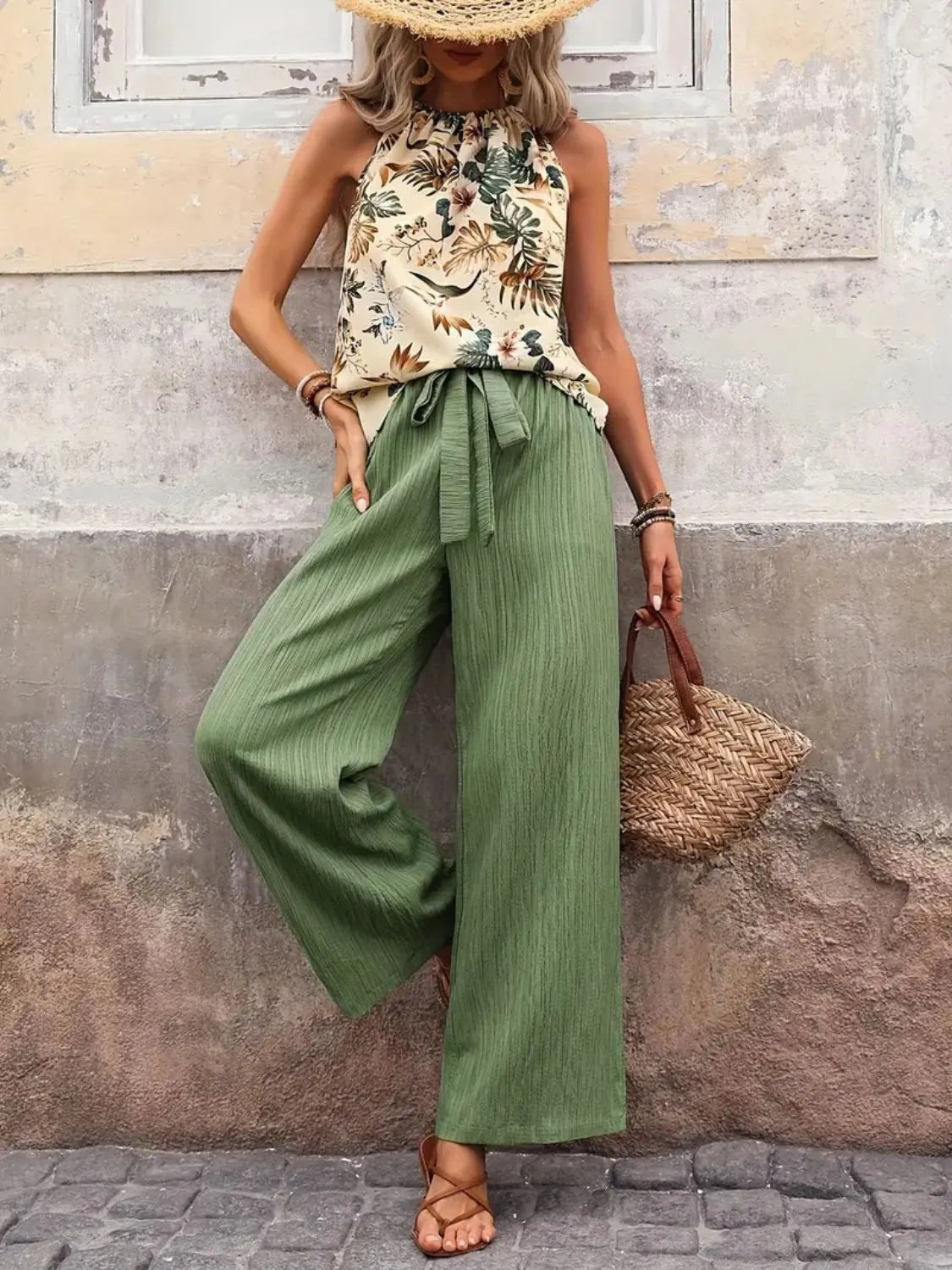 Printed Tank Top and Wide Leg Pants Set - Goddess Vibes